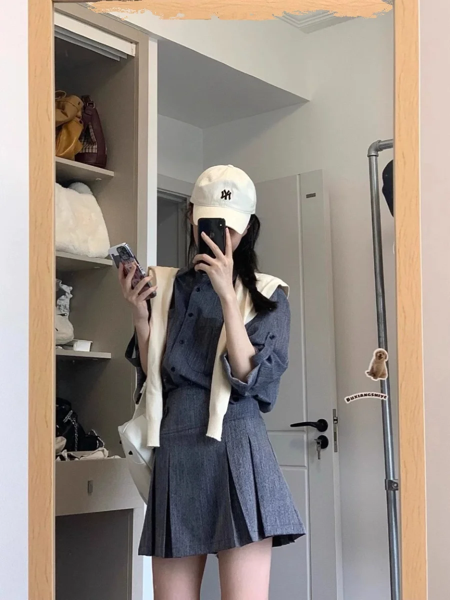 여름 새로운 여성 데님 세트 높은 허리 미디 스커트 빈티지 슬리브 셔츠 투피스 유행 한국 스타일 의류