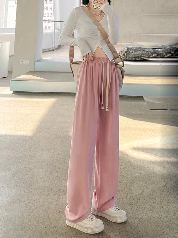 2024 Summer Wide Trousers for Women Thin High Waist Straight Pants Lace Up Joggers  Sweatpants Pink Women's Sports Stacked Pants - AliExpress