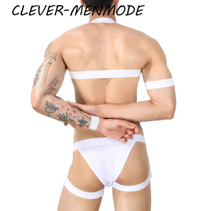 Cosplay Costume Mens Bondage Lingerie Sexy Fetish Wear Men Thong Set Jockstrap Black White Bondage Costume