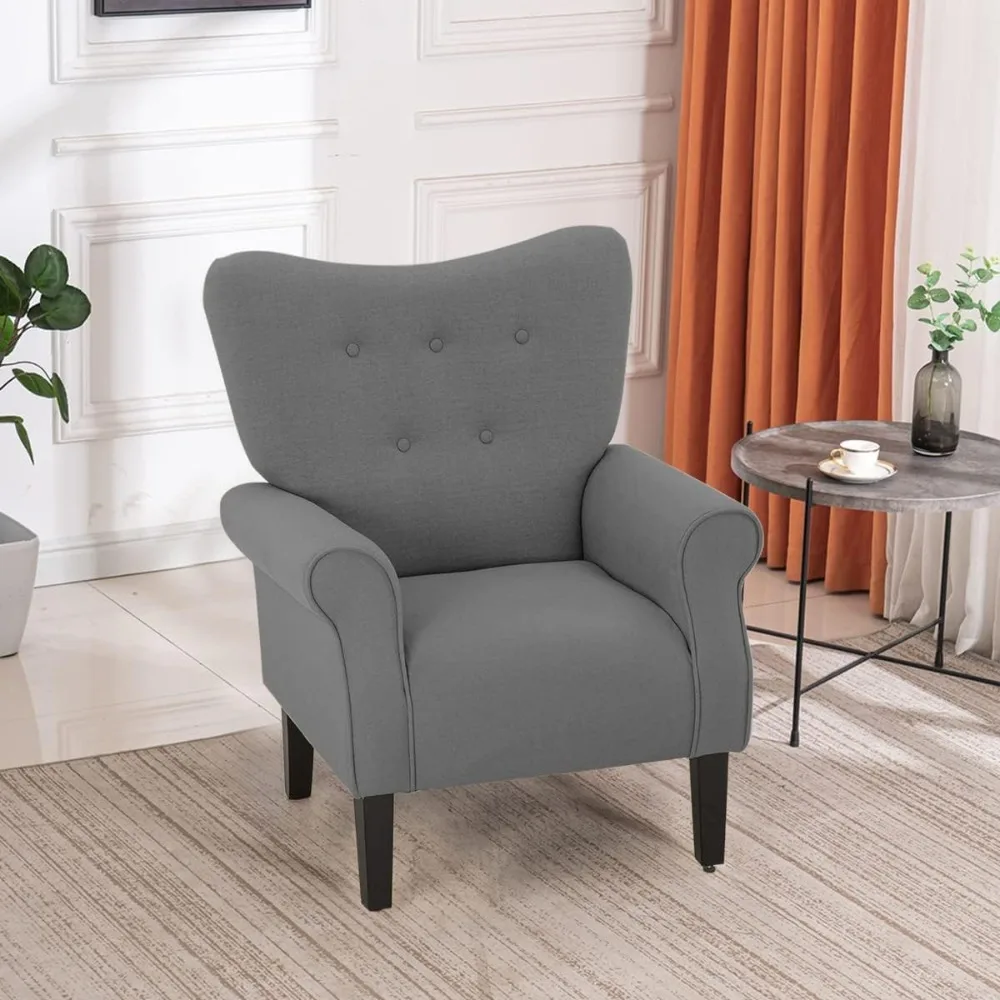 Modern Accent Chair, High Back Armchair, Upholstered Fabric Sofa with Wooden Legs for Living Room, Bedroom, Grey