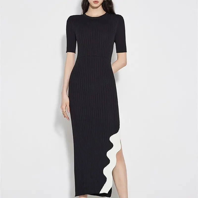 

Black Sexy Knitted Bodycon Dress Elegant Formal Summer Party Women Ribbed Sweater Dress Casual Long Split Flounced Robe P584