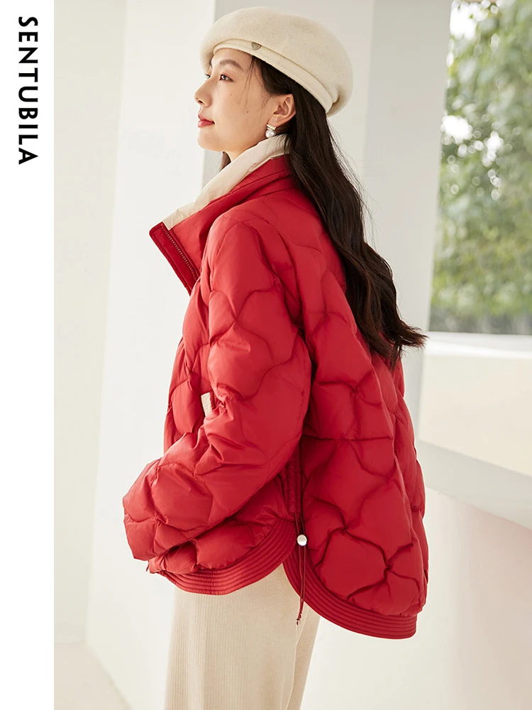 SENTUBILA Women's Contrast Crop White Duck Down Jacket 2023 Winter Stand Collar Down Coat Loose Warm Puffer Jackets W34Y49917