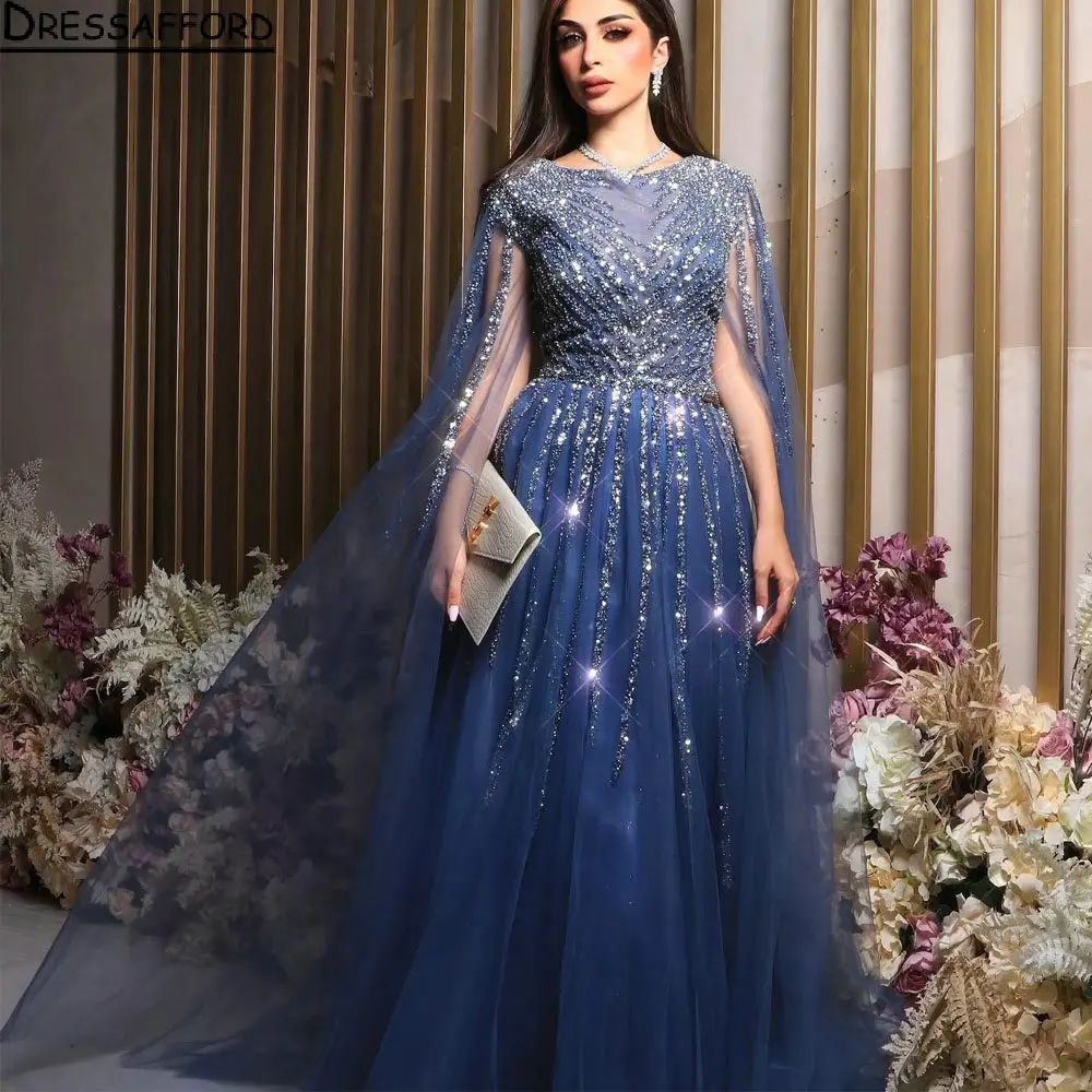 

Женское вечернее платье с круглым вырезом, голубое ТРАПЕЦИЕВИДНОЕ ПЛАТЬЕ с лентами с кристаллами и бисером, платье для официальной вечеринки в стиле Саудовской Аравии