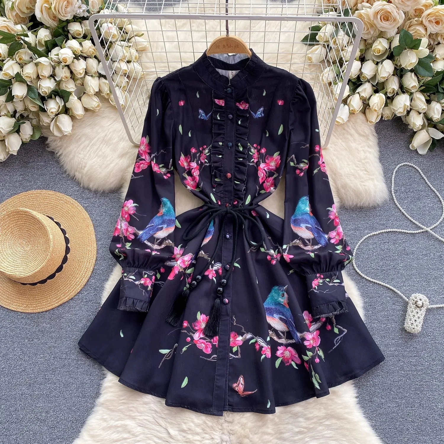 Spring Runway Holiday Linen Dress Women Stand Collar Long Lantern Sleeve  Flower Print Single Breasted Belt Mini Vestidos - AliExpress 200000345