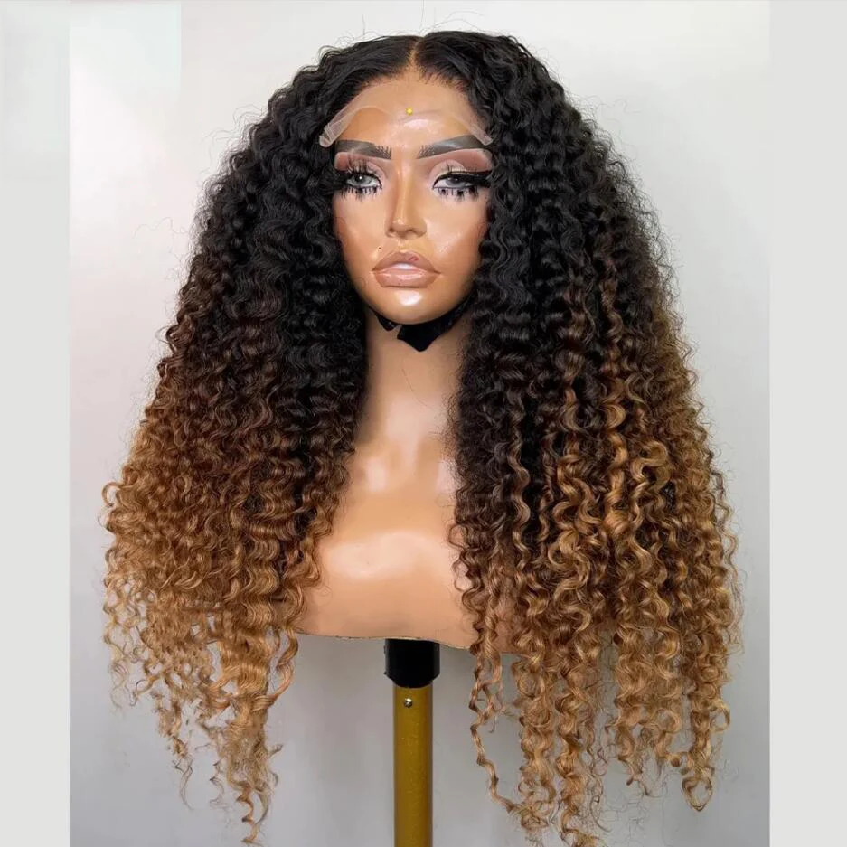 Preplucked Ombre Honey Blonde Brown 26“Long 180%Density Glueless Kinky Curly Deep Lace Front Wig For Black Women BabyHair Daily