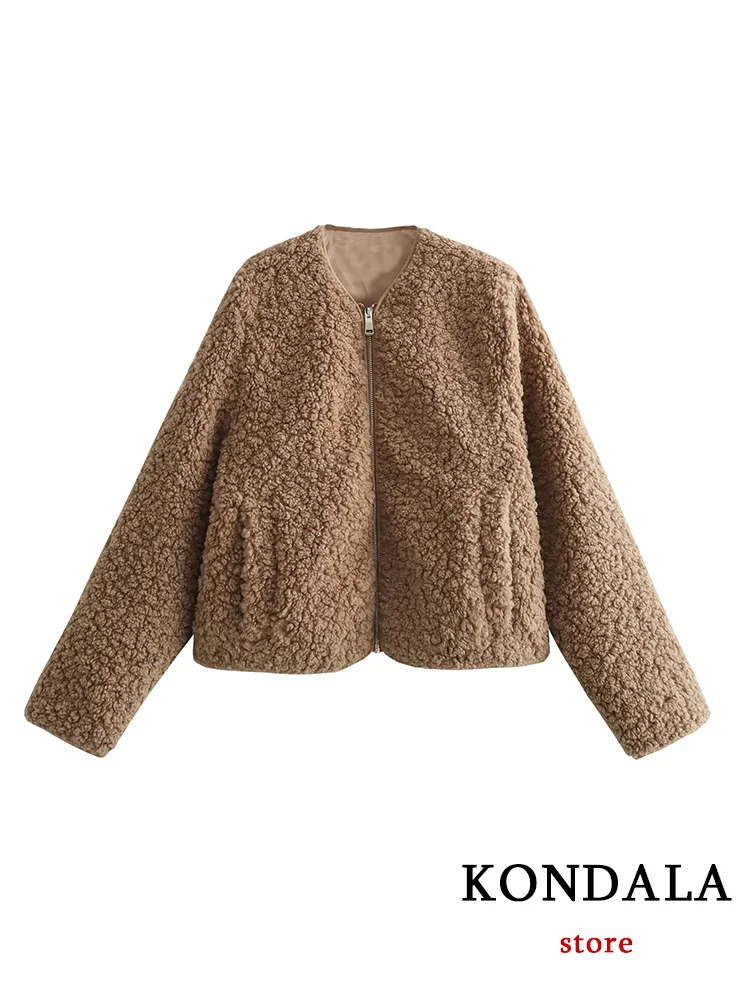

KONDALA Vintage Casual Chic Women Jackets Solid O-Neck Zipper Warm Loose Coats New Fashion 2023 Autumn Winter Holiday Outwears