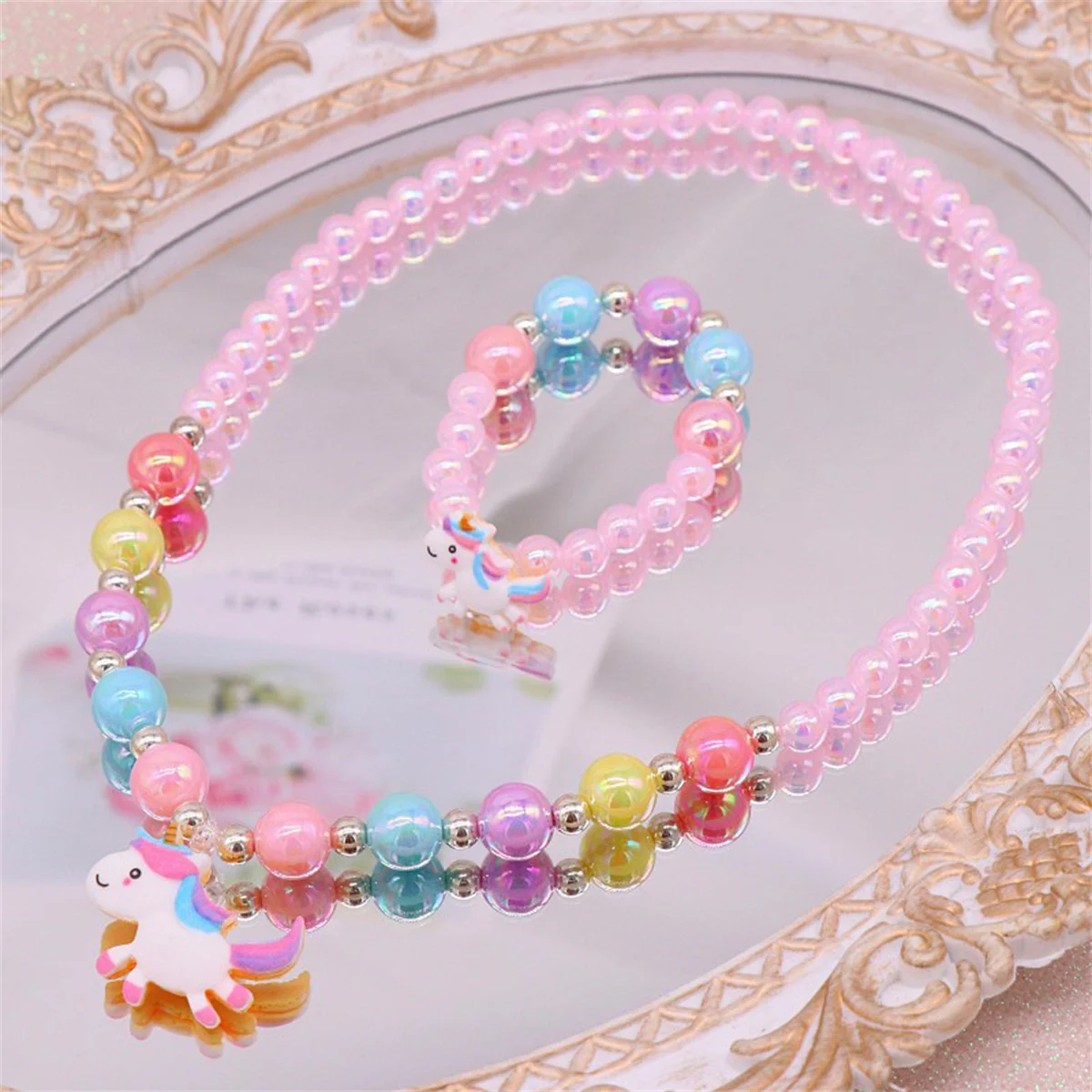 Unicorn Kids Jewelry Set 6pcs Elastic Necklace Bracelet Clip on Earrings Rings for Little Girls Birthday Dressup Costume 4