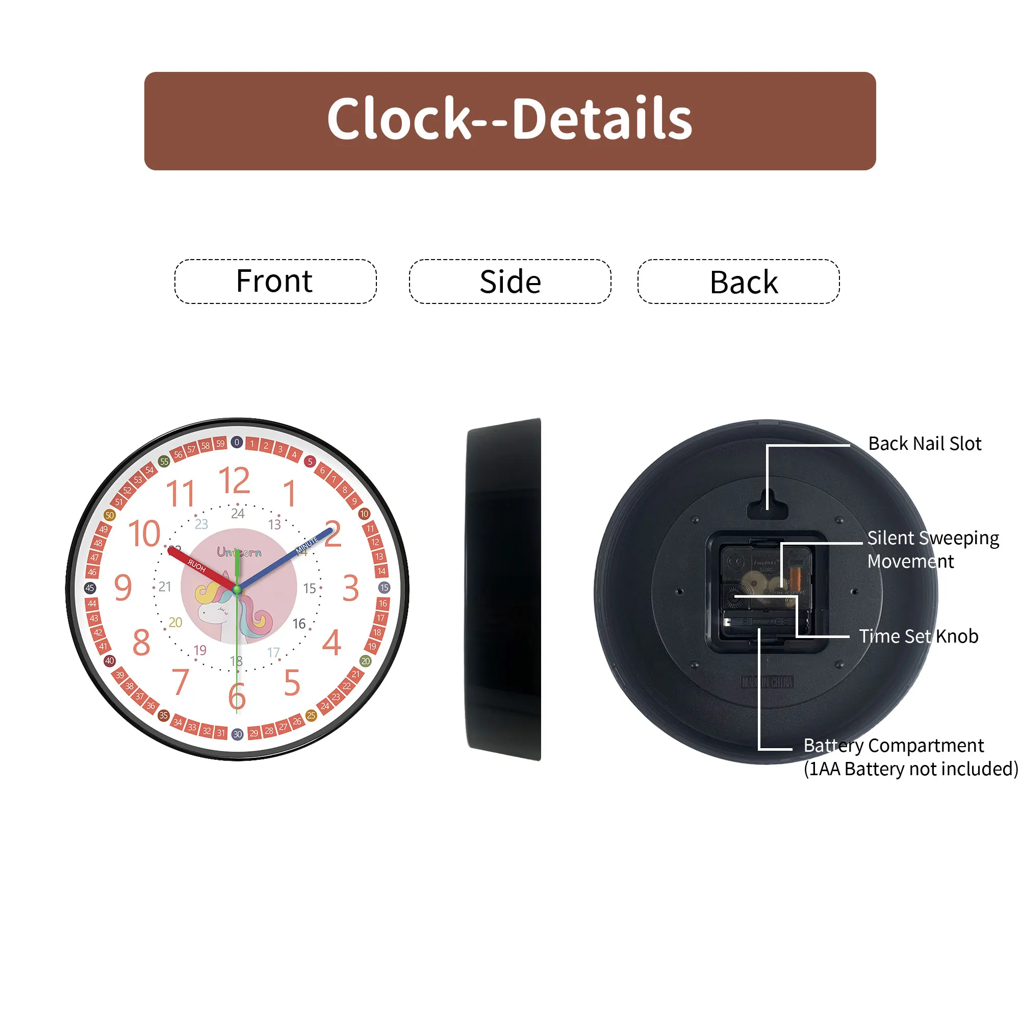 1pc 8-inch wall clock, cartoon pink unicorn and 24-hour color digital design wall clock, silent instructional c