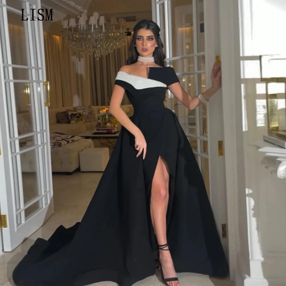 

LISM Elegant Black A-line Arabic Celebrity Party Gown Women Off the Shoulder Side Slit Formal Guest Vestidos Floor Length