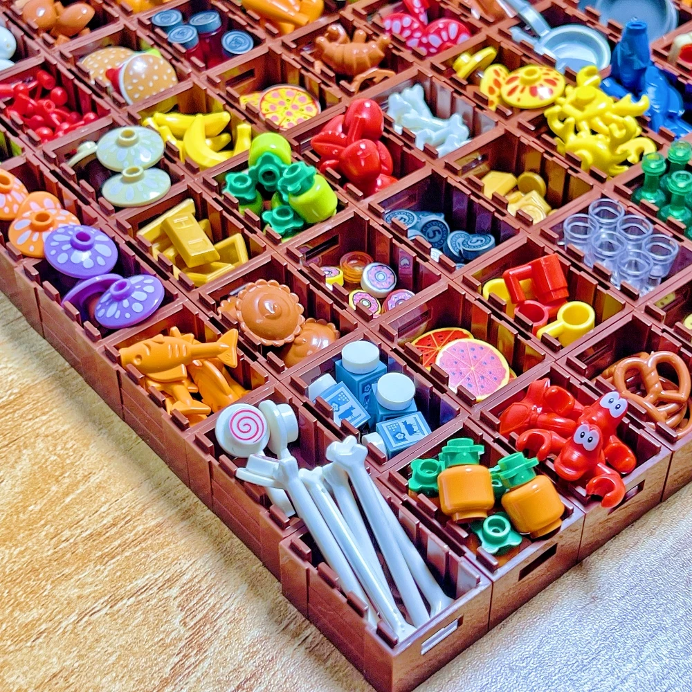 MOC Foods and Tools Building Blocks DIY Toys Seafood Meat Vegetables Fruit Dessert Goblet Dishes Small Particles Building Blocks 6