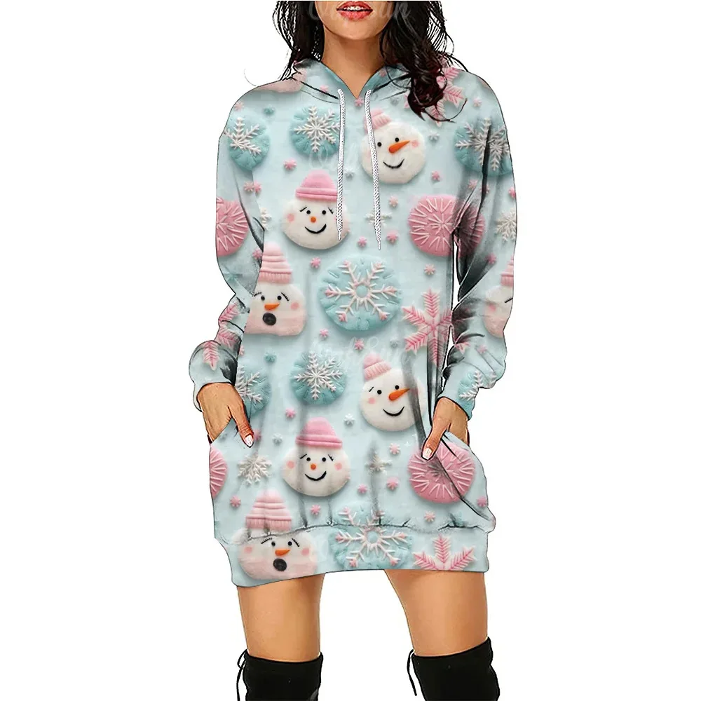 thumbnail image 1 of Vestido tipo jersey con capucha y elementos navideños divertidos con estampado digital 3D de Navidad para otoño, 1 of 4