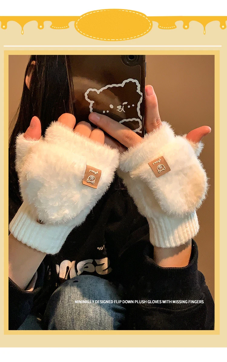 Winter frauen Fuzzy Handschuhe Flip-Top Student Schreiben Fingerlose Fäustlinge Warme Dicke Nette Bär Tippen Büro Plüsch Dame handschuhe – Detail 1