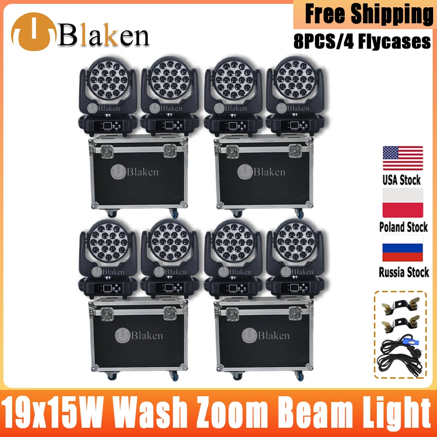 0 Tax 8Pcs 19x15W LED Zoom Beam Wash With 4 Fly Cases Circle Light control Main Mobile RGBW Beam Light Stage Effect Equipment