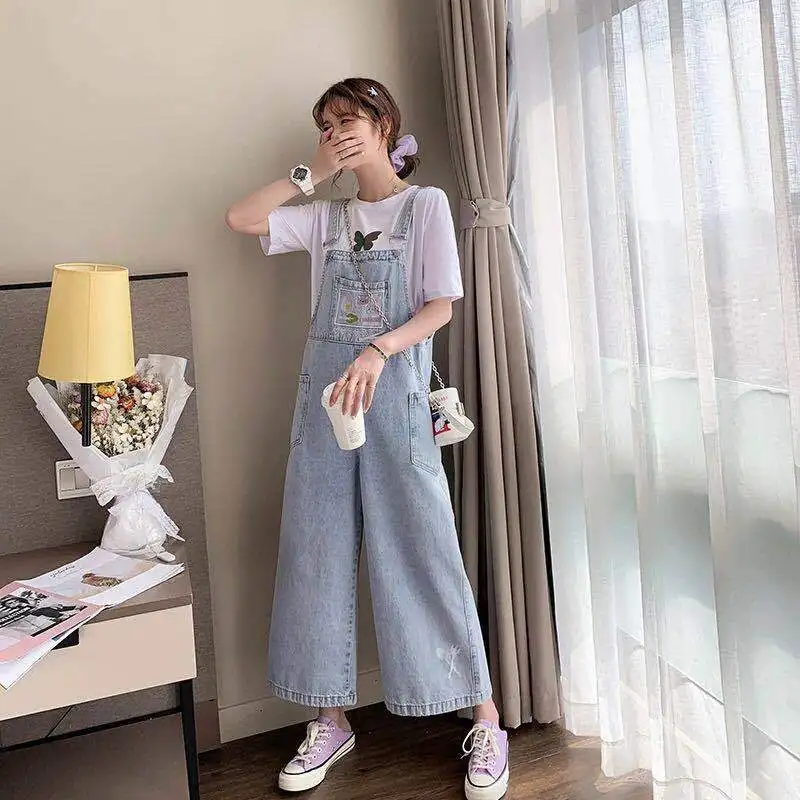 Korean Version Loose Summer Thin Section Light-colored Denim Wide-leg Overalls Women's High Waist Drape All-match Pants