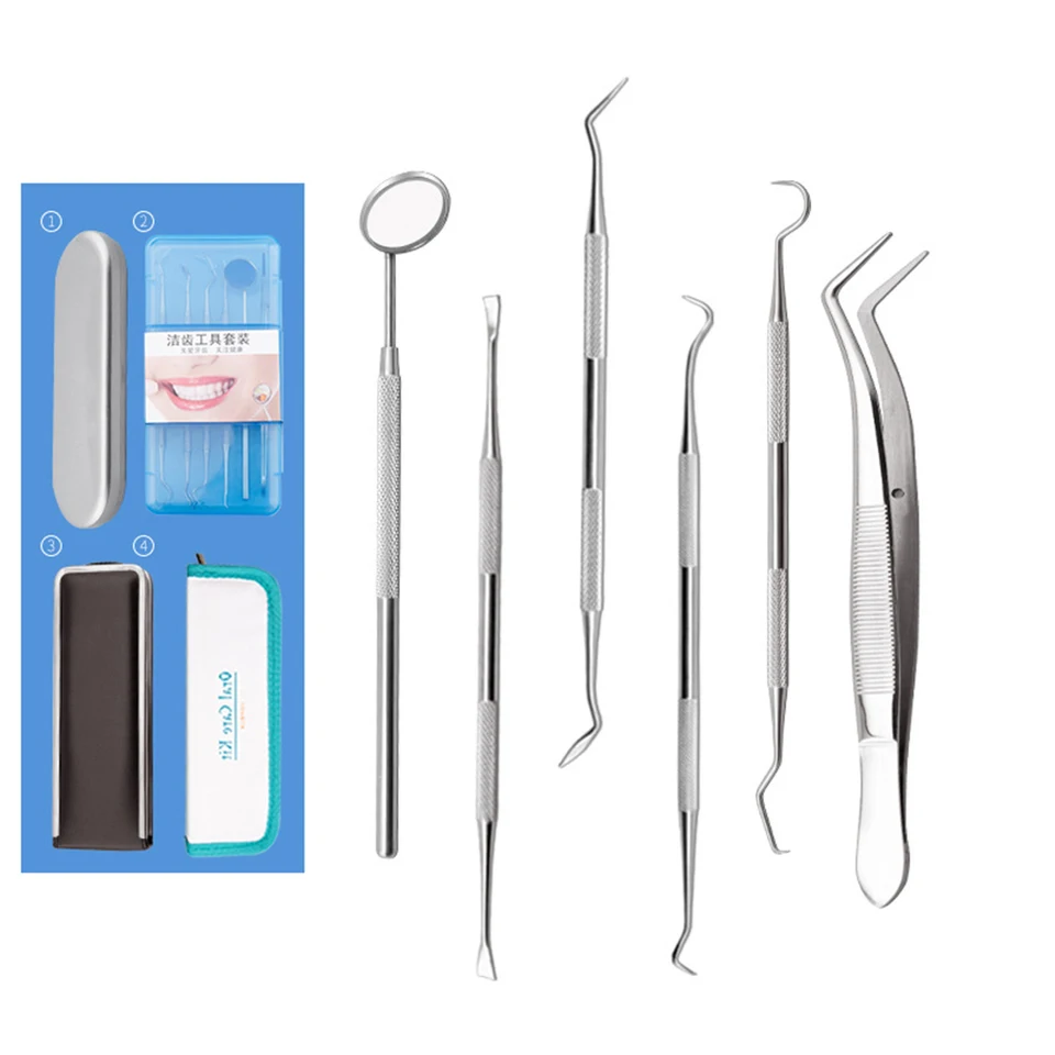 Set Di 6 Strumenti Dentali In Acciaio Inossidabile, Kit Per Dentista, Denti Puliti, Specchio Per L'igiene, Igiene Orale - Italia - Foto 7