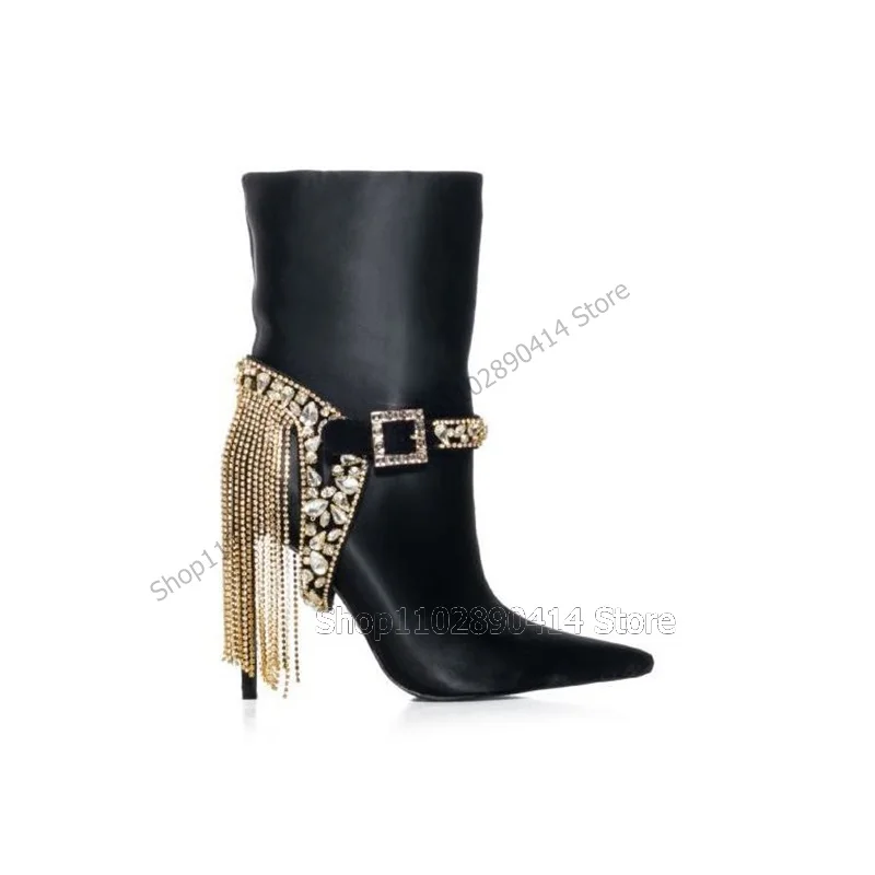 

Gold Crystal Tassels Decor Black Pointed Toe Boots Mid Calf Women Shoes Thin High Heels Fashion Runway 2023 Zapatos Para Mujere