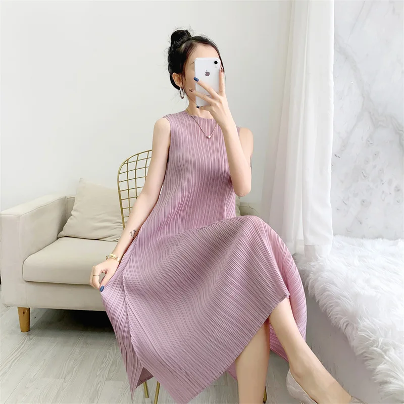 

Новинка лета 2022, стильное Плиссированное женское платье миаке без рукавов, с круглым вырезом, свободная тонкая юбка миди