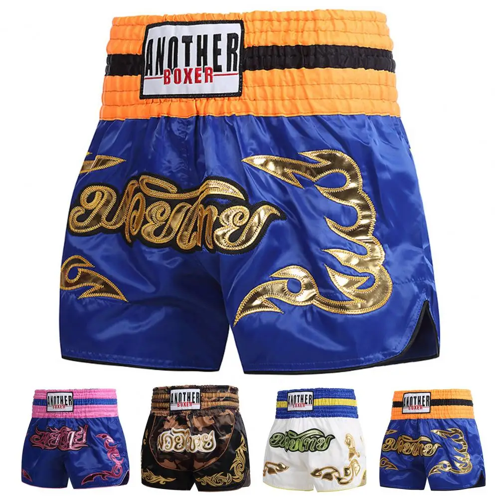 Shorts de boxe Muay Thai para crianças e adultos, cintura elástica larga, shorts de treinamento masculinos, detalhamento intrincado