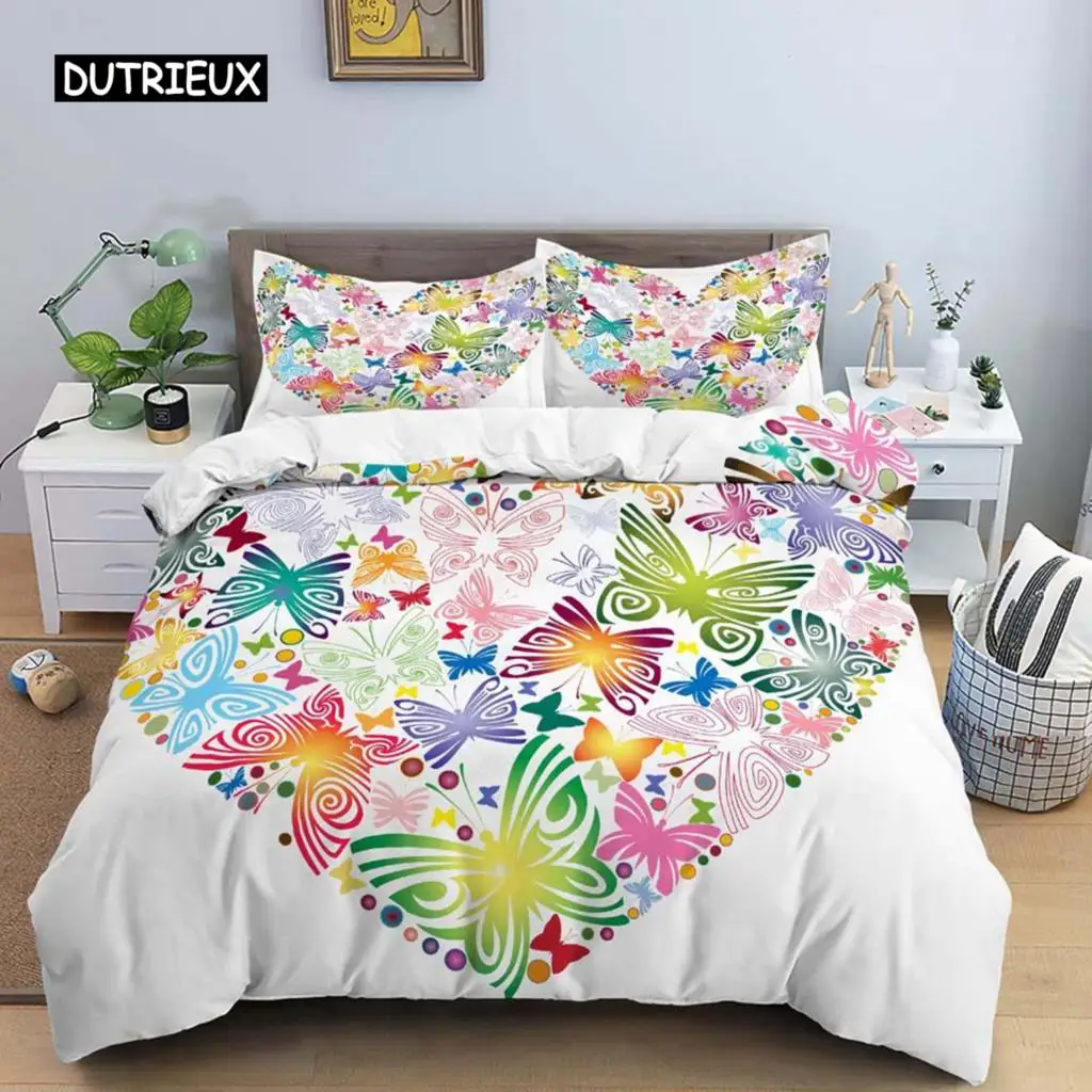 

Butterfly Duvet Cover Set Colorful Butterfly Heart Shape Comforter Cover Spring Fresh Style Animal Polyester Bedding Set Girls