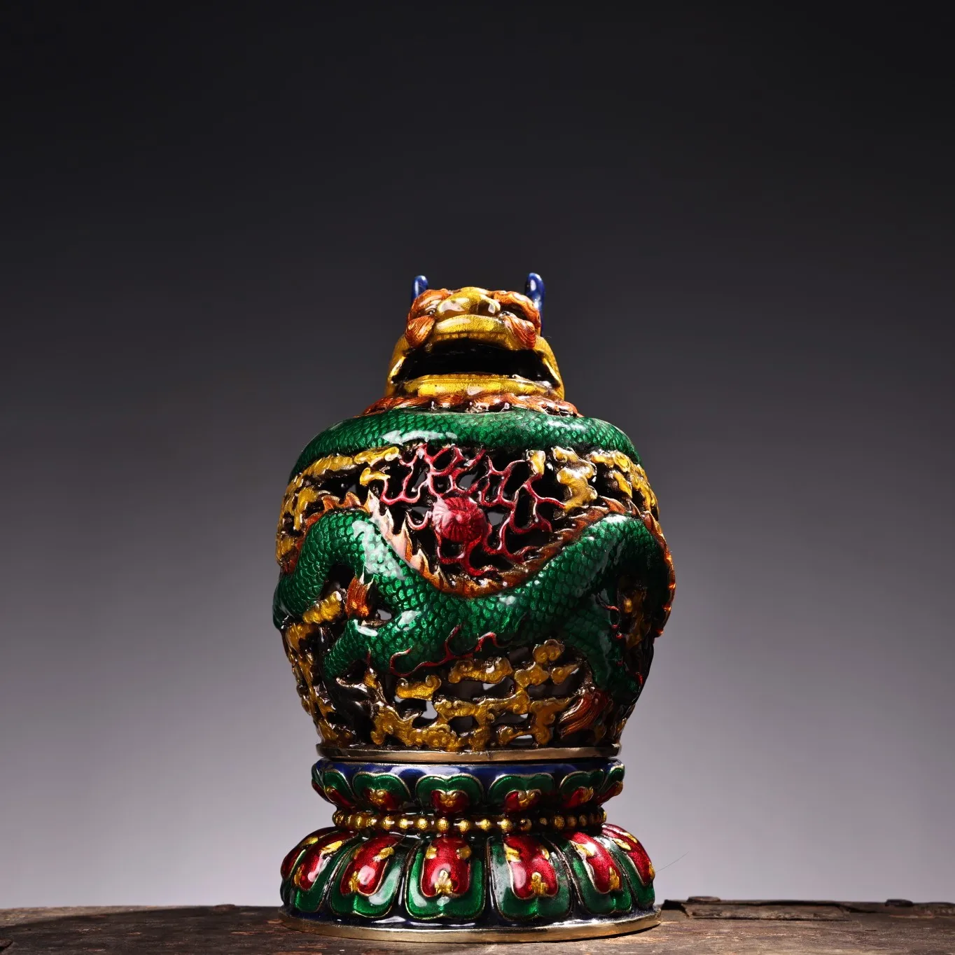 

7"Tibetan Temple Collection Bronze Cloisonne Enamel Chinese Dragon CoiledDragon Incense burner Amass wealth Town House Exorcism