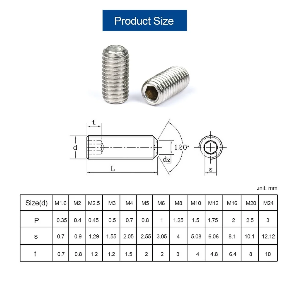 Hex Socket Screw 10 pcs/lot M2-M10 Stainless Steel Cup Point Headless DIN916