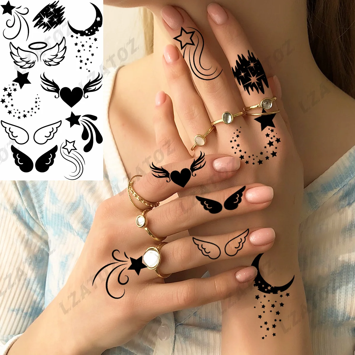 

Black Feather Wings Temporary Tattoos Suitable For Women Children Stars Moon, Angels Fake Tattoo Finger Small Washable Tatoos