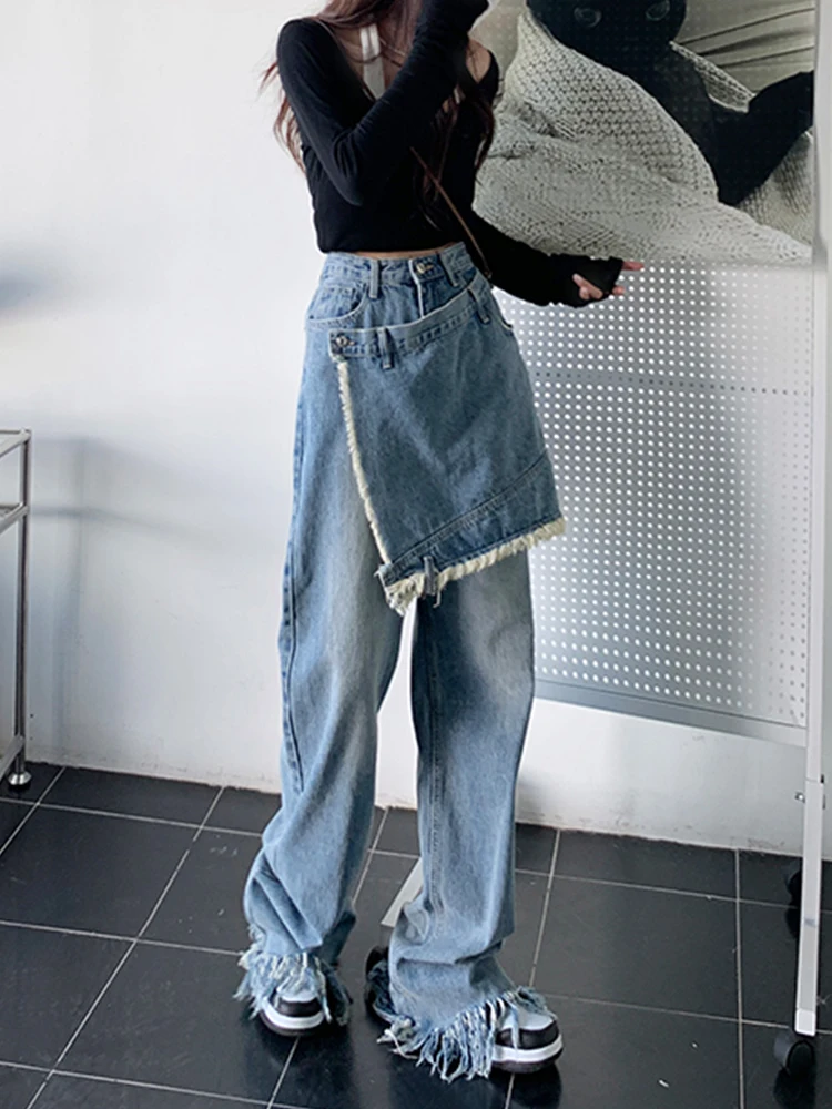 Yitimoky High Waist Fashion Denim Jeans for women Moustache Effect Female Trousers Spring 2022 Jeans Pants Tassel Vintage Denim straight leg jeans