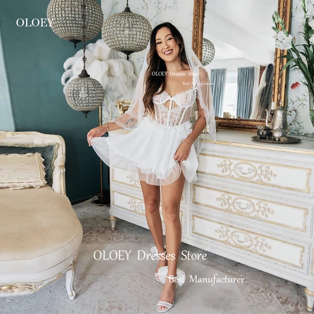 

OLOEY Short Dotted Tulle Wedding Dresses Lace Applique Straps Sweetheart Mini Fairy Bridal Gowns Party Prom Dress With Free Veil