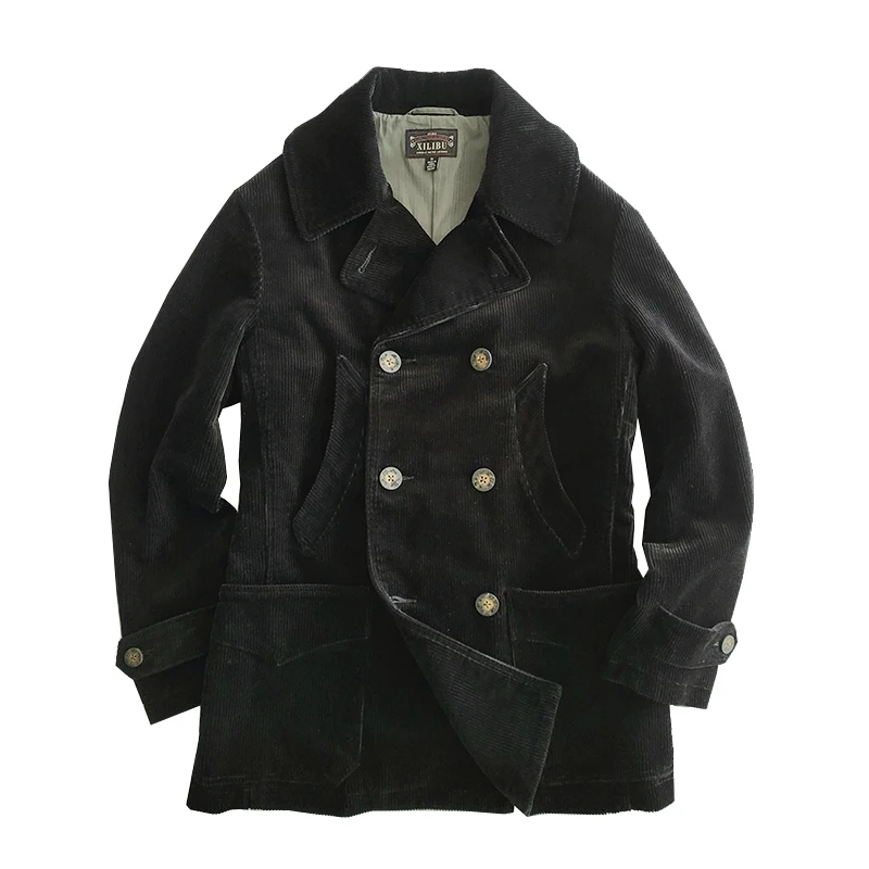 

Men's Pea Coat Corduroy Mid-Length Heavyweight Double-breasted Black Military Safari Sack Suit Autumn Winter Vintage Jacket