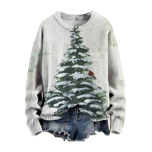 Women 3D Christmas Tree Print Round Neck Knit Pullover Long Sleeve Knitted Sweater Streetwear Sweaters Autumn Winter Casual Top 4