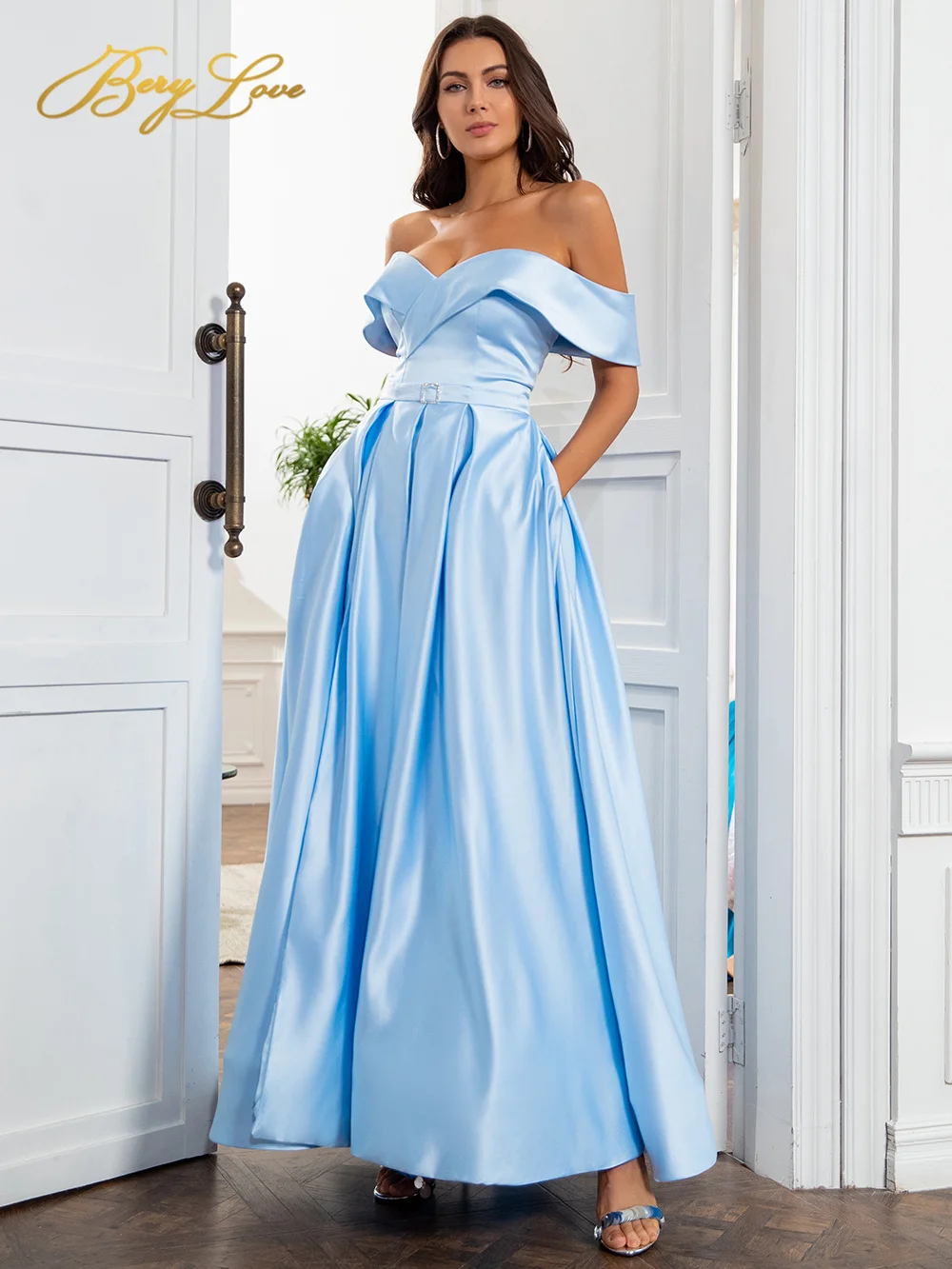 Off Shoulder Satin Evening Dresses Long Sexy High Slit Evening Gown Elegant High Waist Prom Dress Robe De Soiree