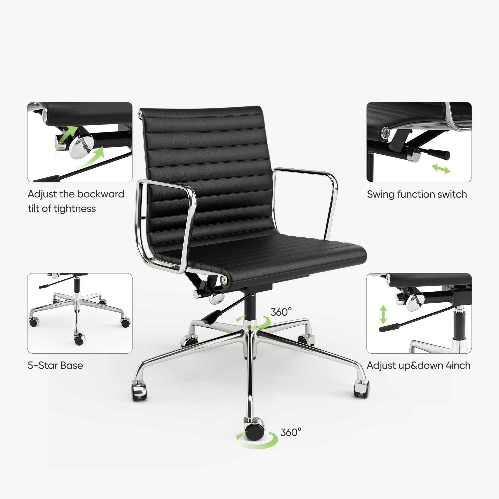 High Mid Back Ribbed Office Chair Genuine Leather Swivel Chair Adjustable Ergonomic Computer Chair with Aluminium Alloy Frame 5