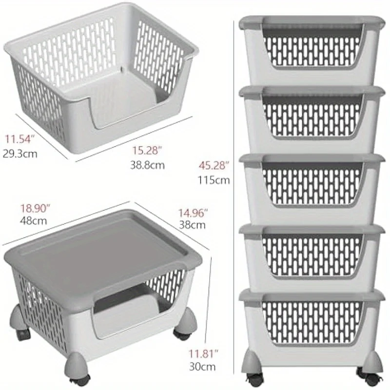 5 Tier Plastic Stackable Basket Cart with Wheels Plastic Stacking Container Bin Utility Rack for Kitchen Pantry Bathroom 2