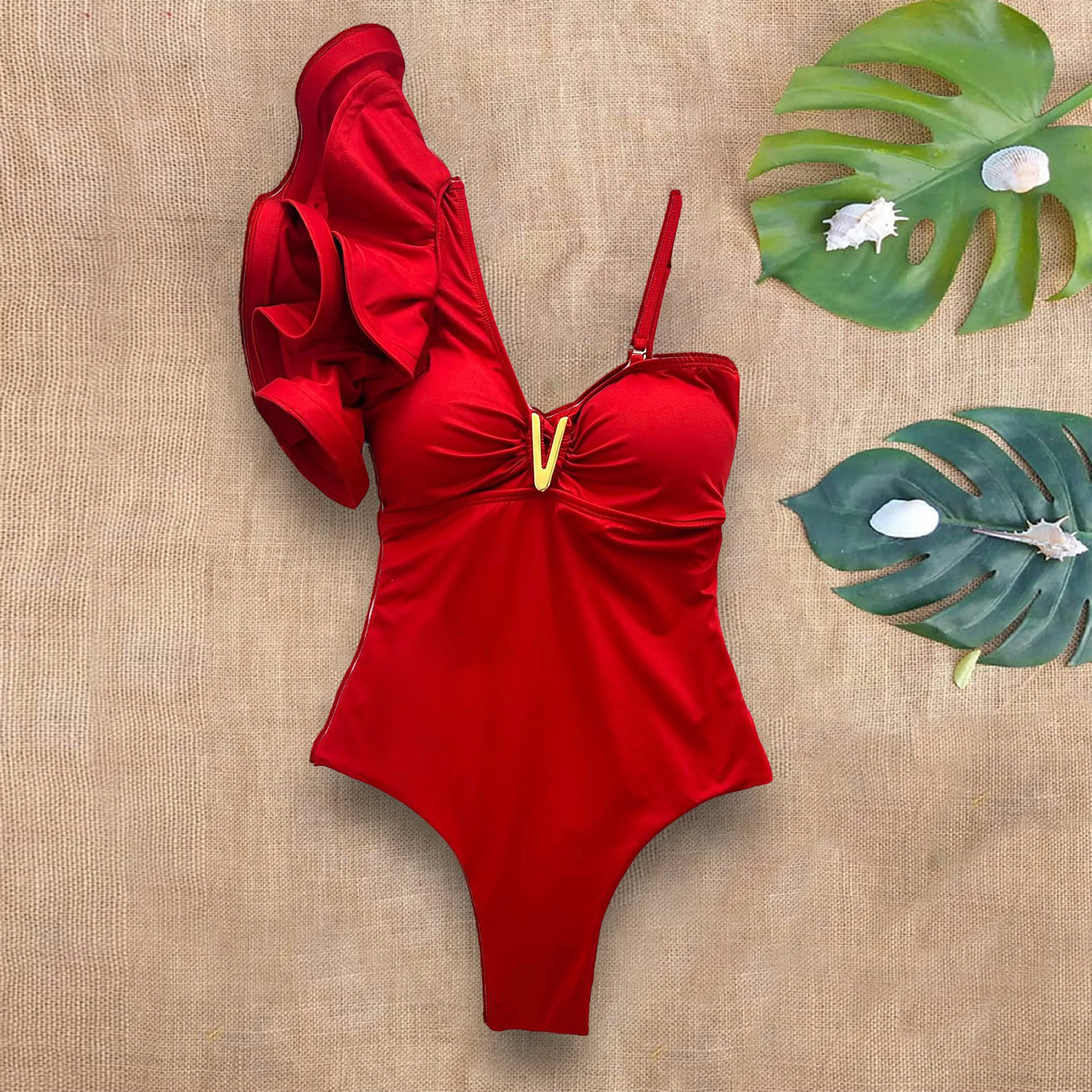 Ruffle Swimwear Single Shoulder One Piece Swimsuit Women Floral Printed Tropical Summer Beach Bathing Suit