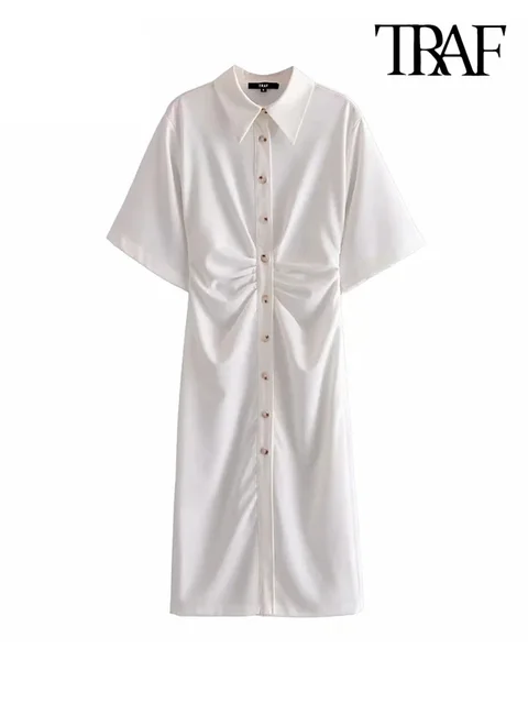 TRAF Women Chic Fashion Button-up Draped Midi Shirt Dress Vintage Short Sleeve Side Zipper Female Dresses Vestidos 5
