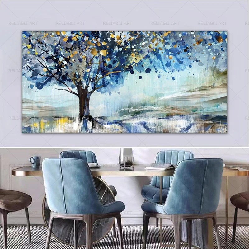 Poster Di Alberi Astratti Pittura Su Tela Immagini Di Paesaggi Wall Art Per Soggiorno Modern Home Decor Cuadros Blu E Dorato