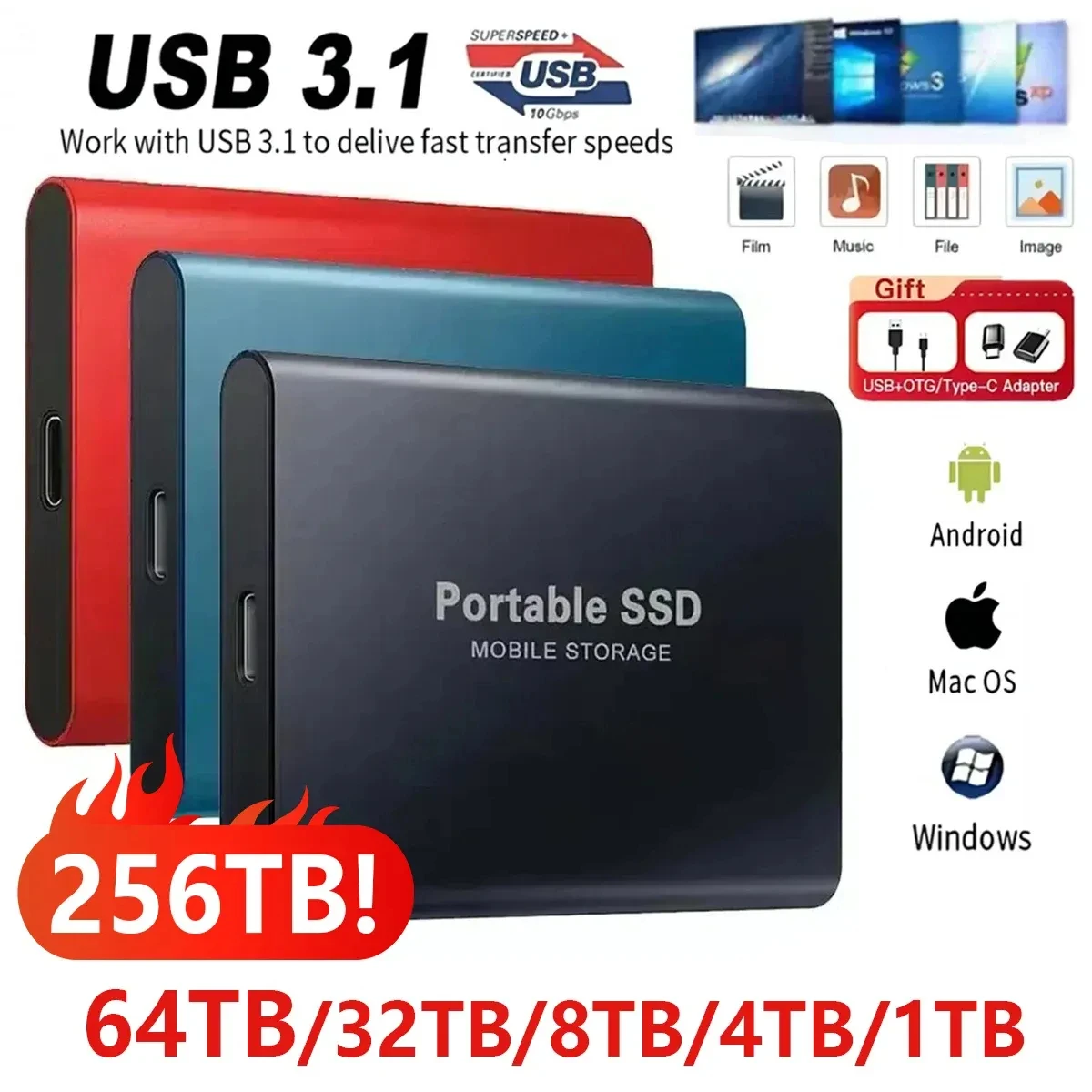 thumbnail image 1 of Disco duro externo SSD de alta velocidad de 1 TB, disco duro externo portátil de 2 TB, disco duro externo masivo de 256 TB para computadora portátil, MAC y PC, 1 of 5