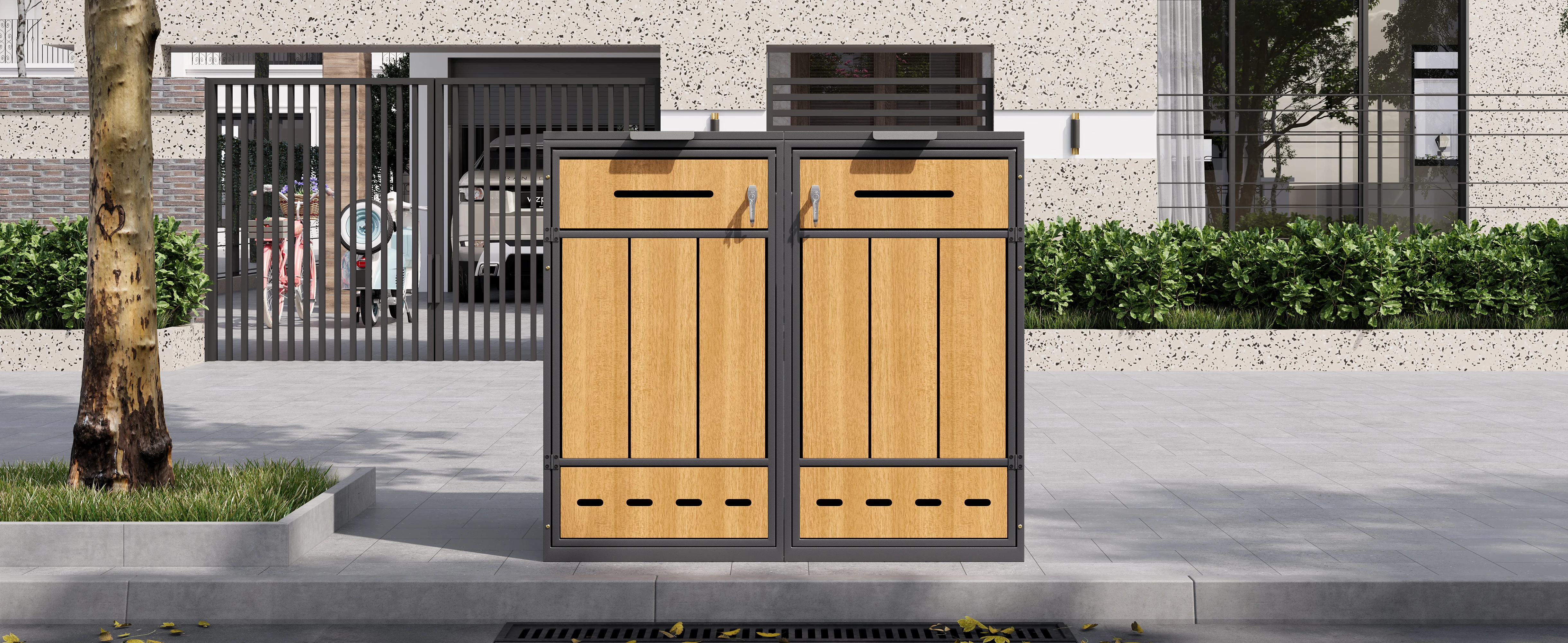 Mülltonnenaufbewahrungsbox für zwei 120-240L Behälter, mit Belüftungslöchern, Fächern, Schlössern und zwei Türen. – Detail 11