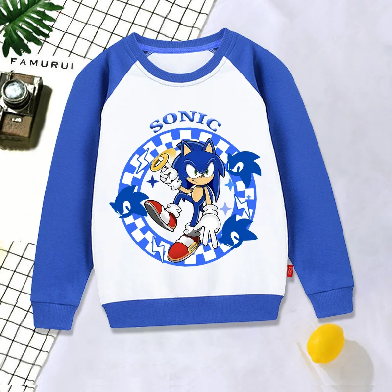 thumbnail image 4 of Sudadera con bloques de color de Sonics, sudadera con cuello redondo y estampado de dibujos animados, regalos de cumpleaños para niños, jerséis de manga larga, 4 of 5