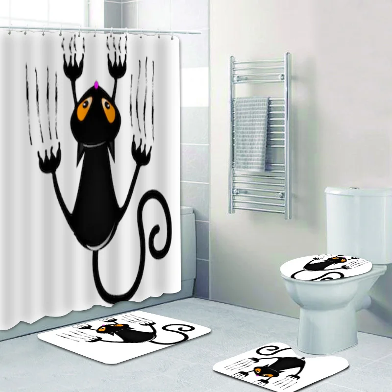 

Halloween Black Cat Face Shower Curtain Set Bathroom Curtains Waterproof Bath Rugs Mat Carpet Toilet Accessories Home Decor