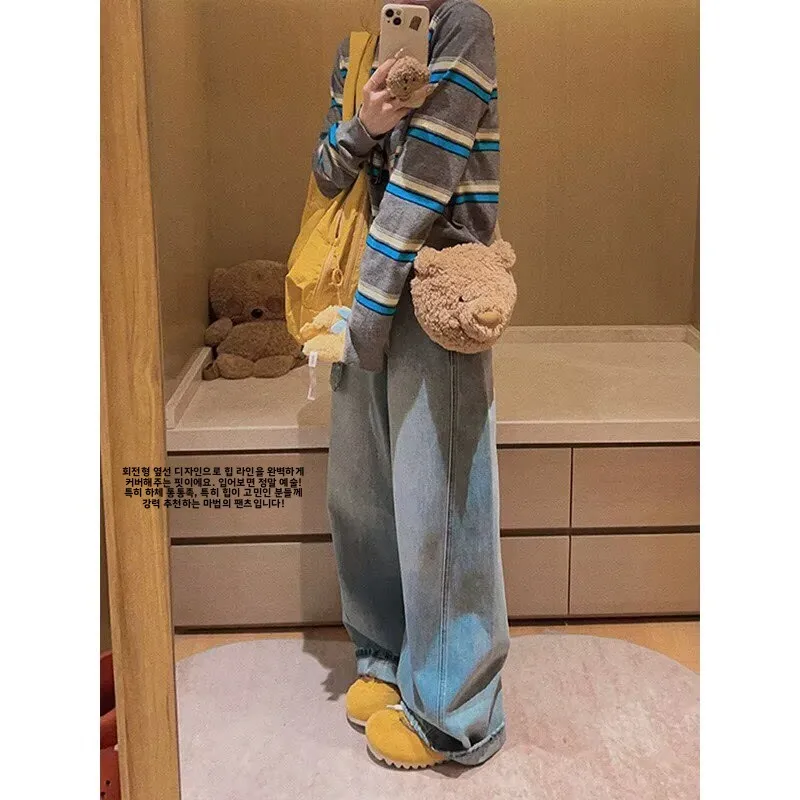 임산부를위한 봄 가을 긴 청바지 바지 바닥 길이 스트레이트 레그 와이드 레그 배꼽 지지대 없음 편안한 캐주얼 바지