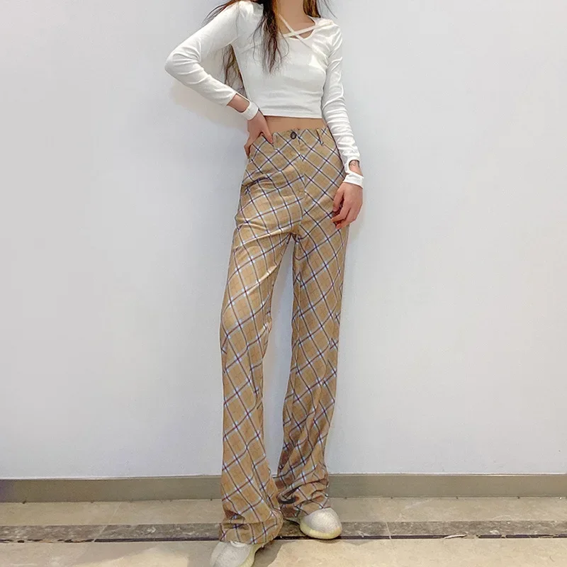 2022 Autumn and Winter New Women's Loose High Waist Fashion Plaid Casual Wild Wide-leg Pants Women Plaid Printed Retro Trousers