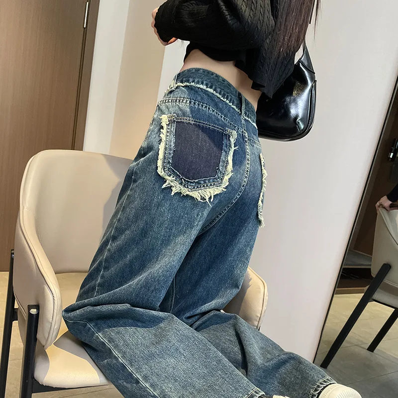 Micro Wide-leg Jeans For Women High Waist Loose Straight Denim Pants Stitching Color Pocket Design Mopping Pants Trousers