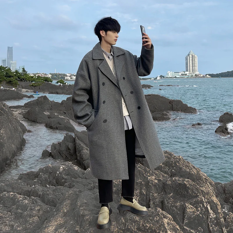 

Long Dust Coat Men Winter Korean-style Trench Mens Solid Double Breasted Woolen Cloth Loose Casual Trenchcoat Outwear