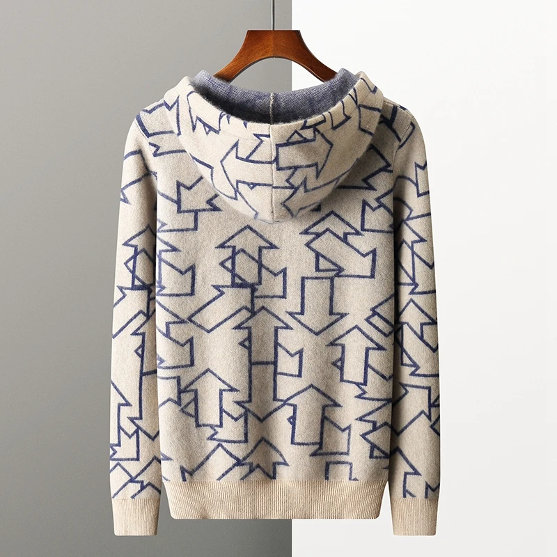 100% Goat Cashmere Class A Sweater Men's Hooded Collar Pullover 2023 Autumn and Winter Thickened Sweatshirt Jacquard Large size 2
