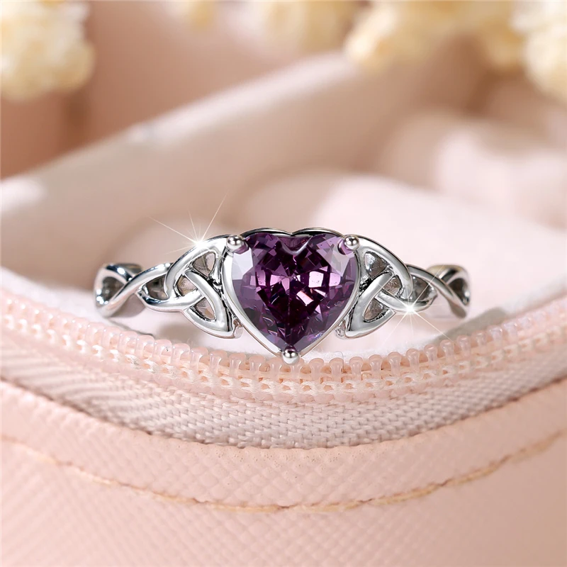 Cute Female Blue Zircon Stone Heart Engagement Ring Silver Color Wedding Jewelry For Women