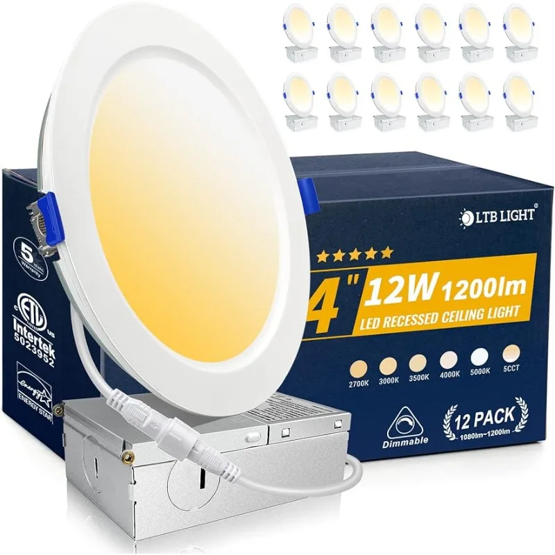 

12 Pack 12W 1200LM 4 Inch Recessed Lighting with Junction Box,Eqv.150W,5000K,Retrofit Recessed Light, Dimmable,