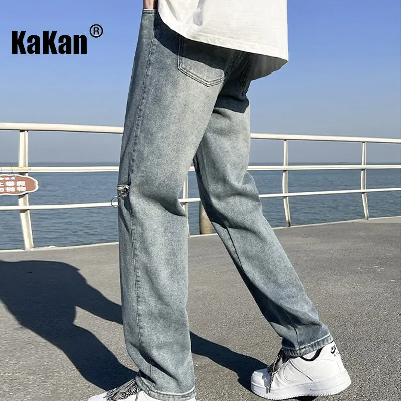 Kakan - European and American New Men's Knee Zipper Jeans, Loose Straight Fit Versatile Wide Leg Long Jeans K24-KJ516