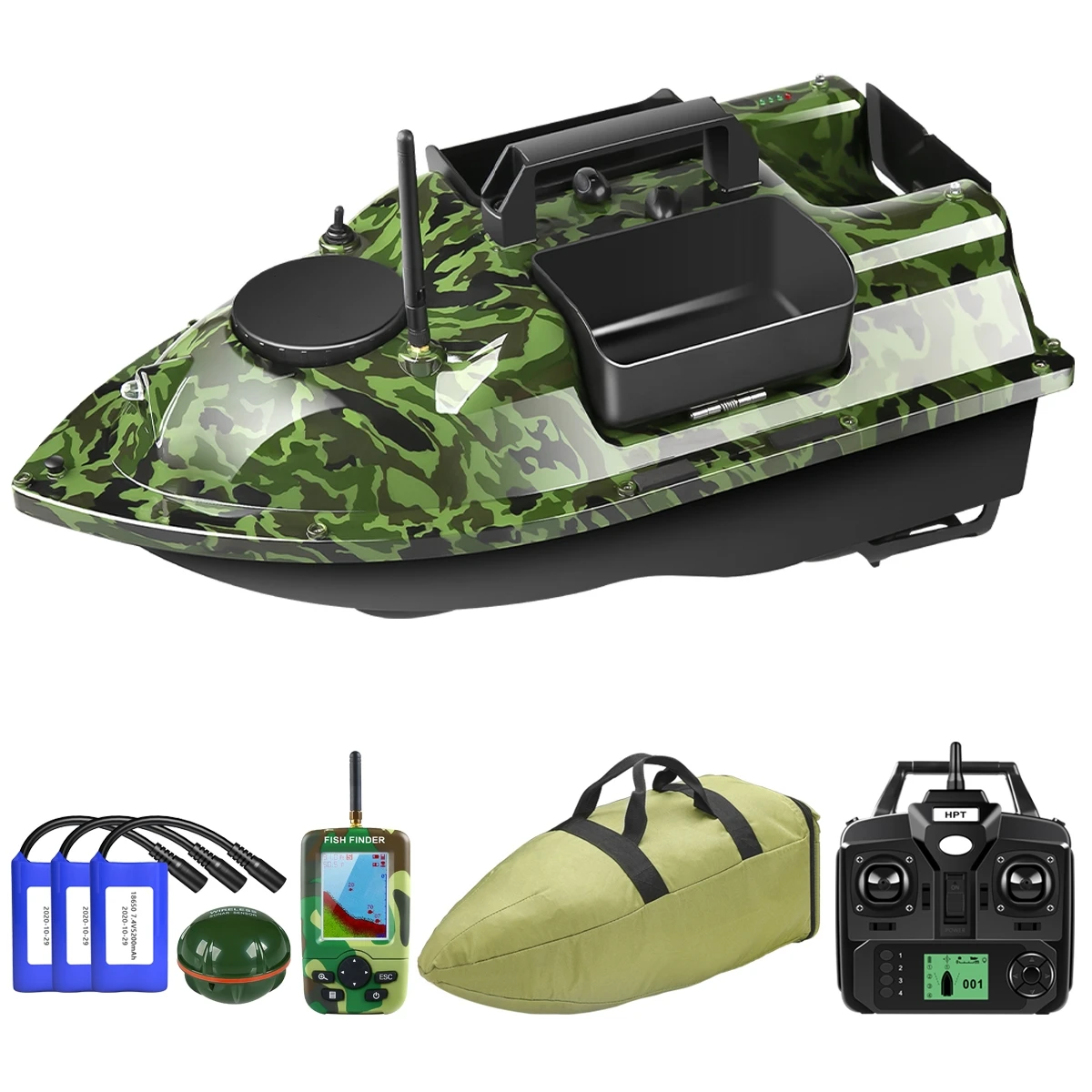 Bateau appât pêche carpe 500m sans fil GPS avec 3 trémies, sondeur LCD et batteries de rechange pour pêche au leurre