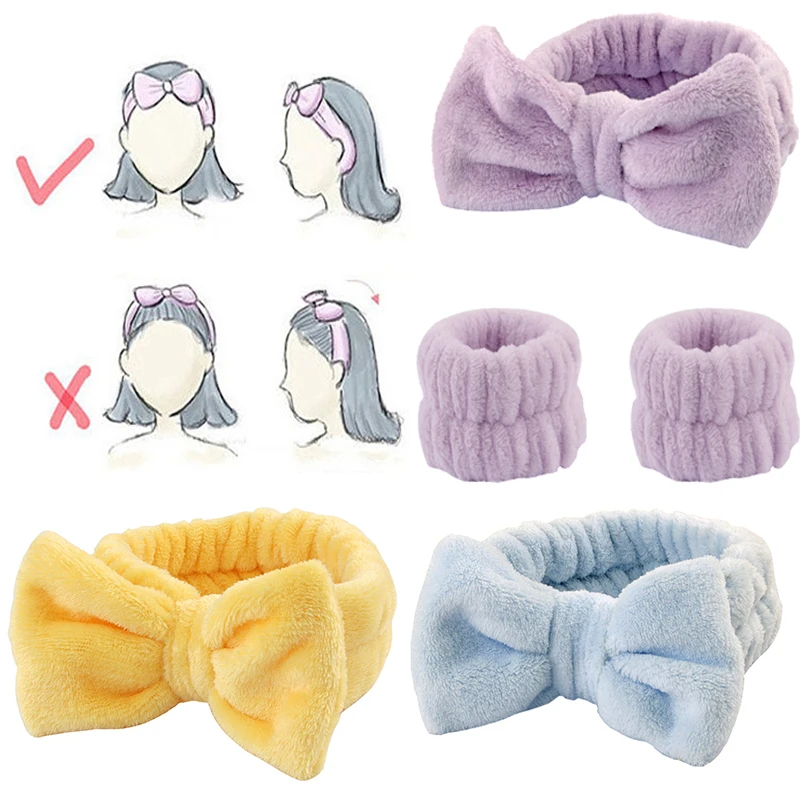 Women Wash Face Headband Hair Holder Soft Wash Face Wristband Absorb Water Coral Fleece Cute Bow Hairbands Set